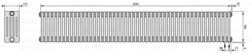 Схема (чертеж) Радиатор Zehnder Charleston 5045/49 №5510 Белый глянцевый RAL 9016